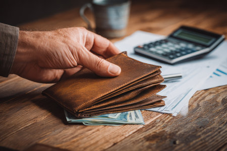 A hand reaches for a brown leather wallet resting on a stack of money and papers. A calculator sits nearby on a wooden table. The composition features a shallow depth of field, natural lighting, and a neutral background. This image is suitable for various financial or business-related visual projects.の素材