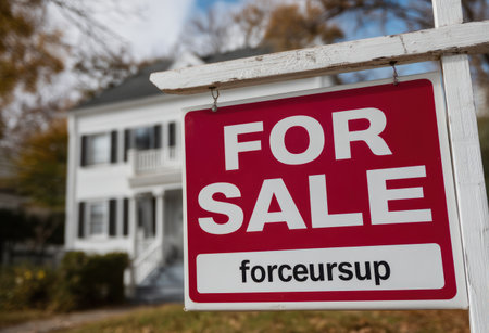 A red and white "For Sale" sign is displayed outdoors, attracting potential buyers. The sign features bold lettering against a contrasting background. A white residential house with multiple windows is slightly blurred in the background, suggesting a real estate context. The scene is illuminated by natural light, potentially suitable for promotional or editorial uses.の素材