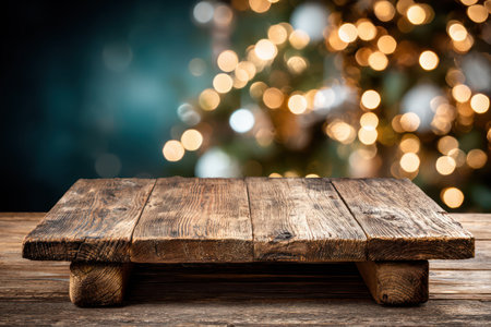 An aged, wooden table takes center stage in this image, displaying a textured, weathered surface. The composition features a blurred backdrop of warm, golden lights suggesting a celebration. The overall effect evokes a sense of tradition suitable for commercial and editorial purposes.の素材