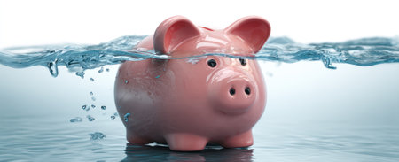 A pink piggy bank is partially submerged in water, creating a visual metaphor for financial difficulties or savings. The composition features a clean, bright aesthetic. This image suggests challenges related to finance. Could be used in articles or marketing materials related to banking and financial planning.の素材