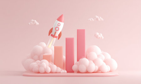 A stylized illustration depicts a rocket taking off above a bar graph. The composition features soft pink hues, fluffy clouds, and a minimalist design. The image suggests concepts of progress, achievement, and business success. Suitable for use in marketing, educational materials, and various commercial projects.の素材