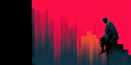 A silhouette of a person in a suit is seated on steps, set against a dynamic background of red and blue vertical lines. The image presents a study in contrasts, with its sharp lines and a gradient of colors. The style implies possible uses in editorial or commercial content.の素材