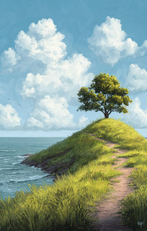 An artistic painting depicts a tree atop a grassy hill next to the ocean under a cloudy sky. The composition features a pathway leading to the tree. The artwork showcases soft brushstrokes and vibrant colors. It could be used for various projects, offering a serene and natural aesthetic for design purposes.の素材