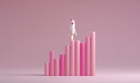 A white rocket ship blasts off from a pink bar graph in this conceptual image. The composition features soft pink hues and a simple, clean design, suggesting growth and progress. Suitable for various applications, this image is ideal for use in presentations, advertising, or educational materials related to business.の素材