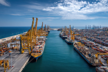 Aerial view of cargo ships docked in a busy port setting. Large yellow cranes are positioned along the docks. The image showcases the ships laden with containers. Clear blue skies and waters contribute to the overall bright composition. Suitable for illustrating global trade and logistics.の素材