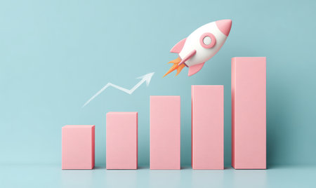 A 3D rendered image features a rocket ascending above a pink bar graph against a light blue backdrop. The visual elements include simple geometric shapes and soft pastel colors. This conceptual illustration suggests concepts such as progress, development, and upward trajectory, with applications in commercial and marketing contexts.の素材