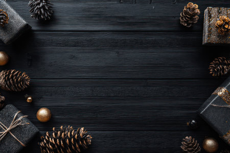 An overhead shot reveals a dark wooden table elegantly adorned with holiday elements. Presents and pinecones, along with golden spheres, create a festive arrangement. The composition is well-lit, offering a rich texture, suitable for various seasonal or celebratory visuals, with potential for commercial applications.の素材