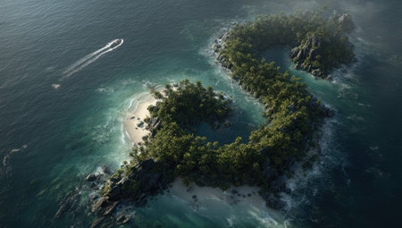 An aerial view showcases a unique island formation resembling a letter. Dense green vegetation covers much of the land, contrasting with sandy shores. The surrounding water is a mix of turquoise and deeper blues, with a boat leaving a trail. This scene is suited for travel, environmental, or conceptual projects.の素材