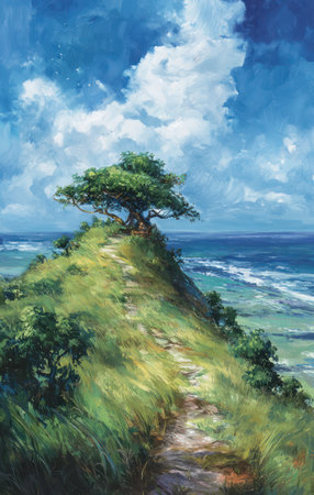 An artistic rendering presents a tree atop a grassy hill overlooking the ocean. The scene is illuminated by daylight, with a bright blue sky filled with white clouds. The artwork employs an impressionistic style with soft textures and a focus on color. It could be used for editorial and commercial purposes.の素材