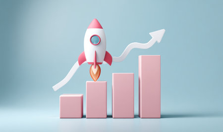 A 3D rendering depicts a rocket above a rising bar graph, symbolizing growth and success. The visual features a pastel color palette and soft lighting. The composition suggests progress, innovation, and positive trends suitable for various commercial and editorial applications. The image is designed with a modern and clean aesthetic.の素材