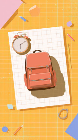 An illustration depicts a school backpack, an alarm clock, and pencils on a paper with a grid design. The composition is set against a yellow plaid background. The visual style is flat, with soft colors and clean lines, suitable for various educational and commercial applications.の素材