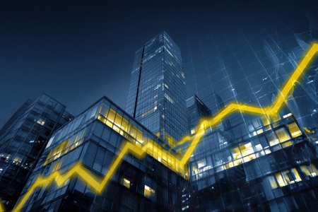 A low-angle view showcases modern skyscrapers intersected by a bright yellow line graph. The illustration features a cool color palette with illuminated windows. The composition suggests growth in a corporate environment. This image could be suitable for business, finance, or technology-related articles and presentations.の素材