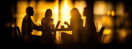 A group of people are gathered around a table, their forms silhouetted against a bright, warm light source. The image features a shallow depth of field, emphasizing the silhouettes and creating a soft, blurred background. This visual could be used to illustrate concepts such as teamwork, collaboration, and discussion.の素材