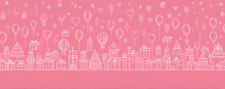 This graphic showcases a pink backdrop filled with delicate white line drawings. Featuring various objects like presents and balloons, the illustration embodies a celebratory theme. The clean design suggests potential application for commercial projects. The piece showcases a simplistic style suitable for design elements and backgrounds.の素材