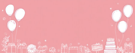 This image presents a pink background featuring hand-drawn balloons and presents. Outlines of gifts and a cake are visible at the bottom. The style is simple and graphic, potentially suitable for festive concepts. It could be used for various celebratory occasions, providing a blank space for text or other elements.の素材