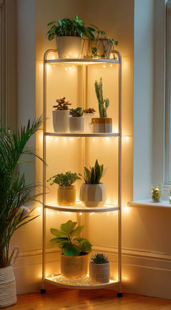 A metal shelf unit displays an assortment of potted plants, varying in size and species. The scene is warmly lit by string lights wrapped around the shelving. The composition features an indoor setting with natural light subtly filtering through a window, suggesting a cozy home interior, suitable for interior design content.の素材