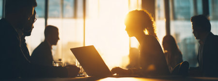 A group of people are silhouetted in front of a bright sunlight streaming through a window. The individuals appear to be working at a table, possibly in a meeting. The image displays a warm color palette with a strong backlighting. It could be used in various commercial contexts, such as articles about business or teamwork.の素材