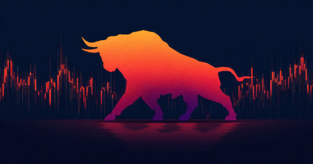 An image showcases a bull silhouette set against a dark background with orange and red tones. Financial trendlines suggest a stock market environment. The artwork employs digital techniques with a vibrant gradient, suitable for commercial use. It may be used to illustrate concepts related to investment or business.の素材