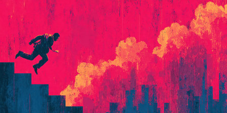 A silhouette of a person running up stairs is set against an abstract backdrop of vibrant red and orange tones. The composition uses bold color contrasts and a textured style. This image is suitable for use in design, marketing, and editorial contexts.の素材