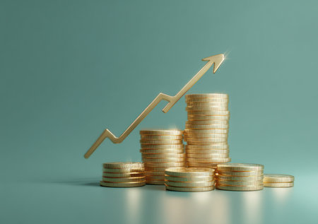 Stacks of gold coins and a stylized arrow pointing upwards dominate this image. The scene features a teal backdrop and is lit with soft illumination. The coins exhibit a textured surface, and the arrow gives the impression of movement. The visual may be suitable for illustrating concepts of profit and business expansion.の素材