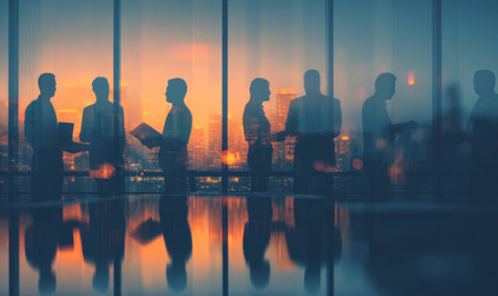 A group of professionals stand silhouetted against a panoramic window. The image displays a vibrant sunset reflecting on a polished surface. The composition uses high contrast and emphasizes the outlines of the figures. Potential uses include illustrations of teamwork, business, or the concept of planning.の素材