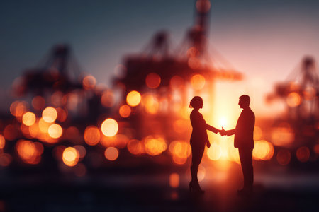 Two individuals are depicted shaking hands against a blurred backdrop featuring architectural elements and a vibrant evening sky. The scene is dominated by warm orange and dark blue hues, with a shallow depth of field creating bokeh effects. This image could be suitable for illustrating themes of agreement, partnership, or business success in various commercial contexts.の素材
