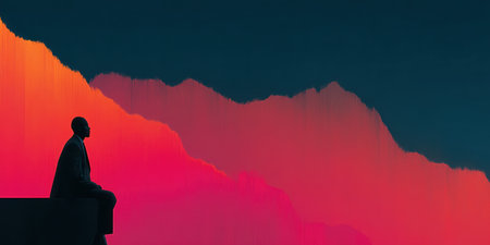 A silhouette of a person sits in contemplation, set against a vibrant gradient of colors. The image shows a composition of red, orange, and blue hues creating a surreal landscape. The style is abstract and evokes feelings of peace. Suitable for diverse applications, including creative projects and editorial designs.の素材