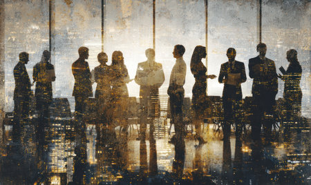 A group of people are silhouetted in front of a window, possibly in an office setting. The image features a mix of warm and cool tones, and the composition focuses on the figures' outlines. The overall impression suggests a sense of collaboration or a business meeting. This image could be used in various commercial applications.の素材