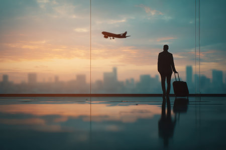 A silhouette of a person with luggage walks towards an airport window. An airplane is taking off against a colorful sunset sky. The scene is illuminated by warm sunlight, creating reflections on the floor. This visual could be used for travel, business, or lifestyle themes.の素材