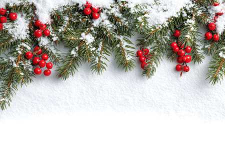 This image features evergreen branches dusted with snow and adorned with vibrant red berries. The composition, set against a clean white backdrop, highlights the contrast between the green, red, and white elements. The natural textures and lighting suggest a winter setting, suitable for various holiday and decorative applications.の素材