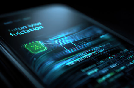 The image features a smartphone screen illuminated with a digital interface, displaying data and a graphic. The composition uses cool blue and green tones against a dark background, suggesting a technological theme. This visualization could be used for articles about technology, software, or data processing, suitable for commercial or editorial applications.の素材
