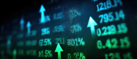 The image showcases a data screen displaying financial information with increasing values and green upward arrows, which suggest growth. The scene features a digital look with a dark background and a color scheme of greens and blues. The visuals could be suitable for commercial and editorial purposes related to finance and investment.の素材