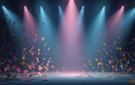 The image features a stage lit by bright spotlights casting blue and pink light. Colorful confetti is falling, creating a dynamic visual effect. The composition uses a centralized focus, with a dark background. This image could be used for various commercial projects related to entertainment and celebrations.の素材