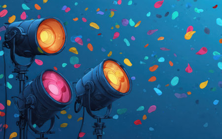 Three spotlights direct light upwards amidst a cascade of colorful confetti. The composition features a gradient dark blue background, enhanced by various shapes. The lighting appears warm and vibrant. Suitable for celebratory or entertainment-themed projects, this image offers copy space for various creative applications and editorial uses.の素材