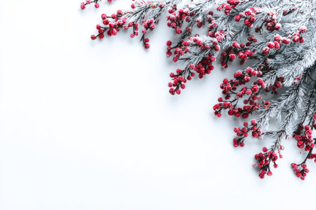 Image showcases snow-dusted branches laden with vibrant red berries. The composition, against a bright white backdrop, uses a high-angle view with copy space. The scene appears natural, suggesting a winter environment and potential applications in seasonal design or print media.の素材