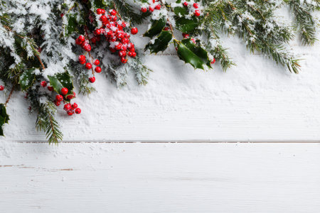 An overhead shot reveals snow-dusted evergreen branches and vibrant red berries resting on a white, textured surface. The composition showcases contrasting colors and textures, possibly suggesting a festive or seasonal theme. This image is suitable for various commercial uses, including advertisements, or editorial content.の素材