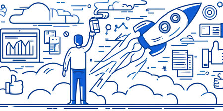 An illustration depicts a rocket launch with a businessman holding a mobile device. The artwork features blue and white colors, with a vector-style design. The composition includes clouds and various interface elements, suggesting a theme related to technology and progress. Suitable for various commercial and editorial applications.の素材