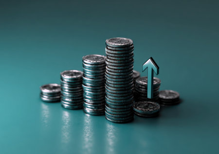 A financial concept is represented with stacks of coins and an arrow symbol. The image features a shallow depth of field, with a muted color palette dominated by teal and silver. The arrangement suggests growth and investment. The image is suitable for illustrating economic or financial themes in various media.の素材