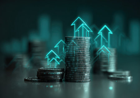 This image showcases stacks of coins with upward-pointing arrows illuminated with a glowing effect, implying growth. The composition features a dark background with blurred shapes, creating a sense of depth and focus. This visual representation suggests financial prosperity and can be applied to illustrate various economic concepts for commercial uses.の素材