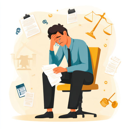 An illustration depicts a businessman seated, appearing stressed while holding papers. The scene features a yellow chair, documents, and scales of justice. The artwork uses a flat design style with soft lighting, suggesting an indoor setting. This image could be used for various commercial or editorial applications.の素材