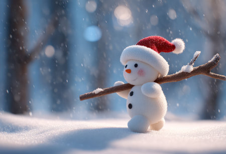 A charming snowman figure is seen in a snowy environment. The snowman is wearing a red hat and white cap, and it is holding a wooden branch. The scene features a bokeh background, suggesting a natural outdoor setting, and the image is suitable for various commercial purposes.の素材