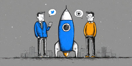 An illustration depicts two individuals standing near a rocket, each with social media icons above their heads. The image features a minimalist style with a limited color palette including blue, orange, and gray. This creative design may be applicable for commercial projects related to innovation or online communication.の素材