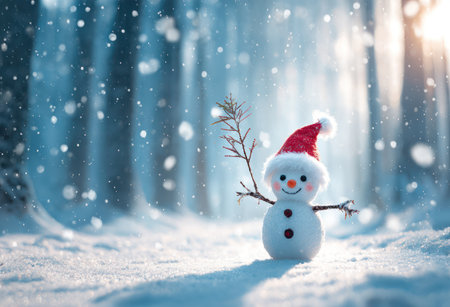 A charming snowman stands in a snowy forest scene. It wears a red hat and has a friendly expression. The image features a shallow depth of field, with soft focus on the background. Falling snowflakes add to the winter ambiance. Suitable for holiday cards and seasonal advertising.の素材