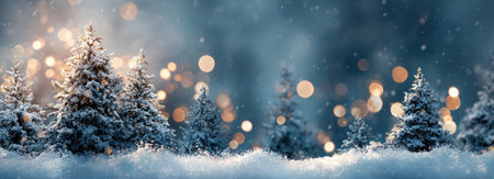 The image features snow-covered evergreen trees against a soft bokeh light background. The composition employs cool blue and white tones, suggesting a winter environment. It is suitable for diverse applications, including advertising and design projects requiring seasonal or holiday themes. The visual style is both natural and inviting.の素材