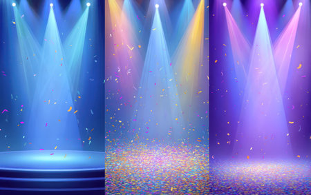 Three vertical panels showcase stage spotlights illuminating falling confetti. Each panel features a distinct color scheme of blue, yellow, and purple. The scene is likely indoors, possibly in a performance or celebration setting. This image could be used for promotional material or illustrative purposes.の素材
