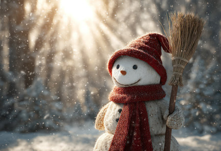 A snowman stands in a snowy environment, wearing a red hat and scarf, holding a broom. The artwork displays a soft focus with a warm, bright light overhead. This winter scene could be used for holiday-themed advertising, greeting cards, or editorial content.の素材