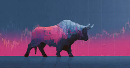 A digital illustration presents a stylized bull silhouetted against a backdrop of pink and blue gradients. The image features a financial chart subtly in the background. Its artistic style is suitable for digital design, advertisements, and various commercial projects. The piece conveys concepts of market growth and financial strength.の素材