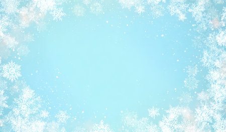 This image presents a light blue background, artfully framed by numerous snowflakes, creating a wintery atmosphere. The visual characteristics include a soft texture and a blend of white and blue hues, creating a delicate composition. This design is suitable for seasonal projects, advertising campaigns, and various creative endeavors.の素材