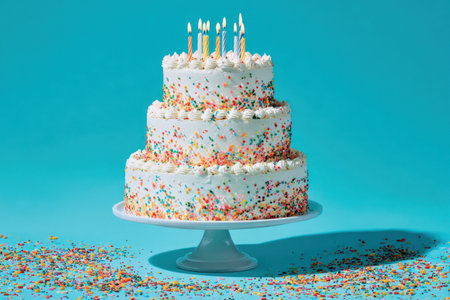 A three-layered cake, adorned with colorful sprinkles, is presented on a white cake stand against a solid blue backdrop. Lit candles sit atop the confection. The composition is brightly lit and suggests a celebratory event. Suitable for editorial use, the image is versatile for various festive or announcement concepts.の素材