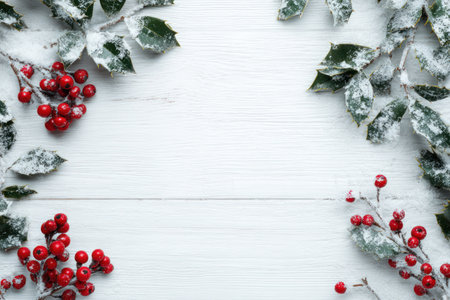 Red berries with green leaves are seen covered in snow, resting on a white wooden surface. The composition displays a top-down view with the berries arranged around the edges. This image showcases a natural aesthetic, suitable for various editorial and commercial applications. The lighting appears soft and even.の素材